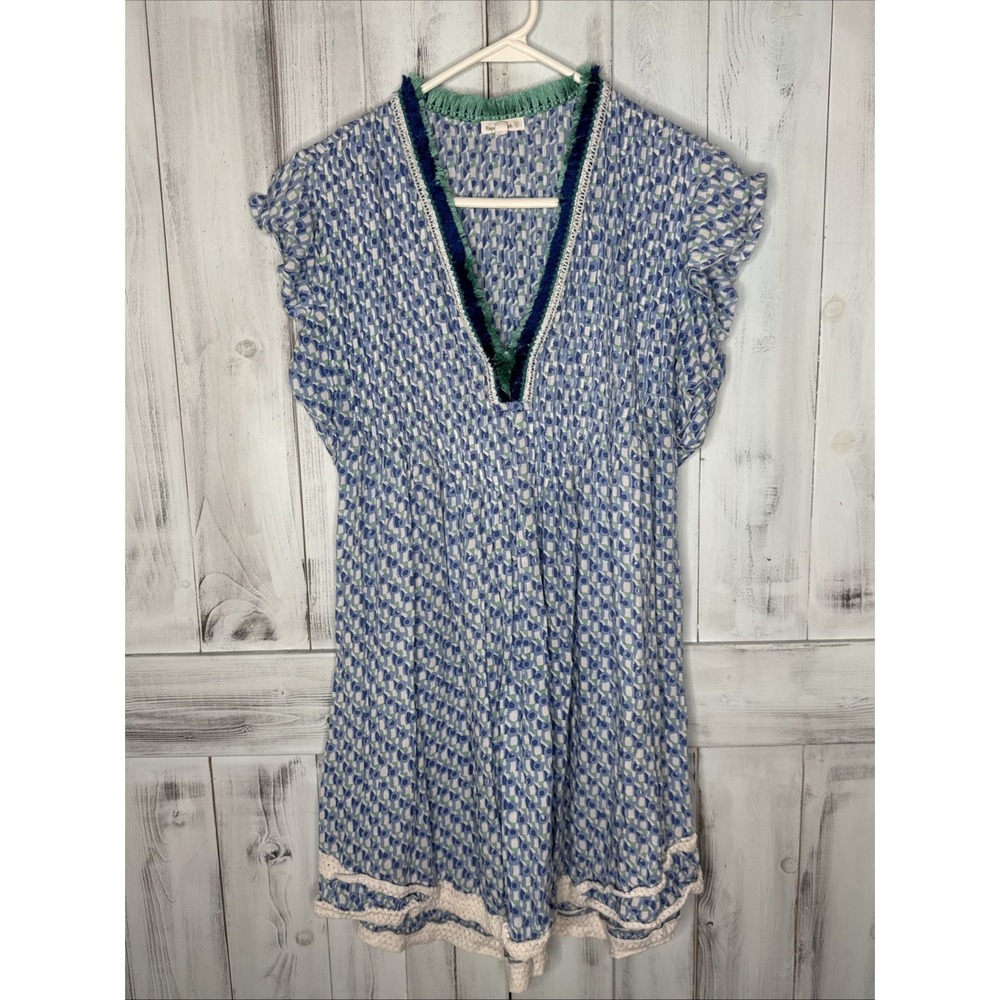 POUPETTE ST BARTH SASHA MINI DRESS BLUE FLORAL MEDIUM FRINGE TRIM FLUTTER SLEEVE